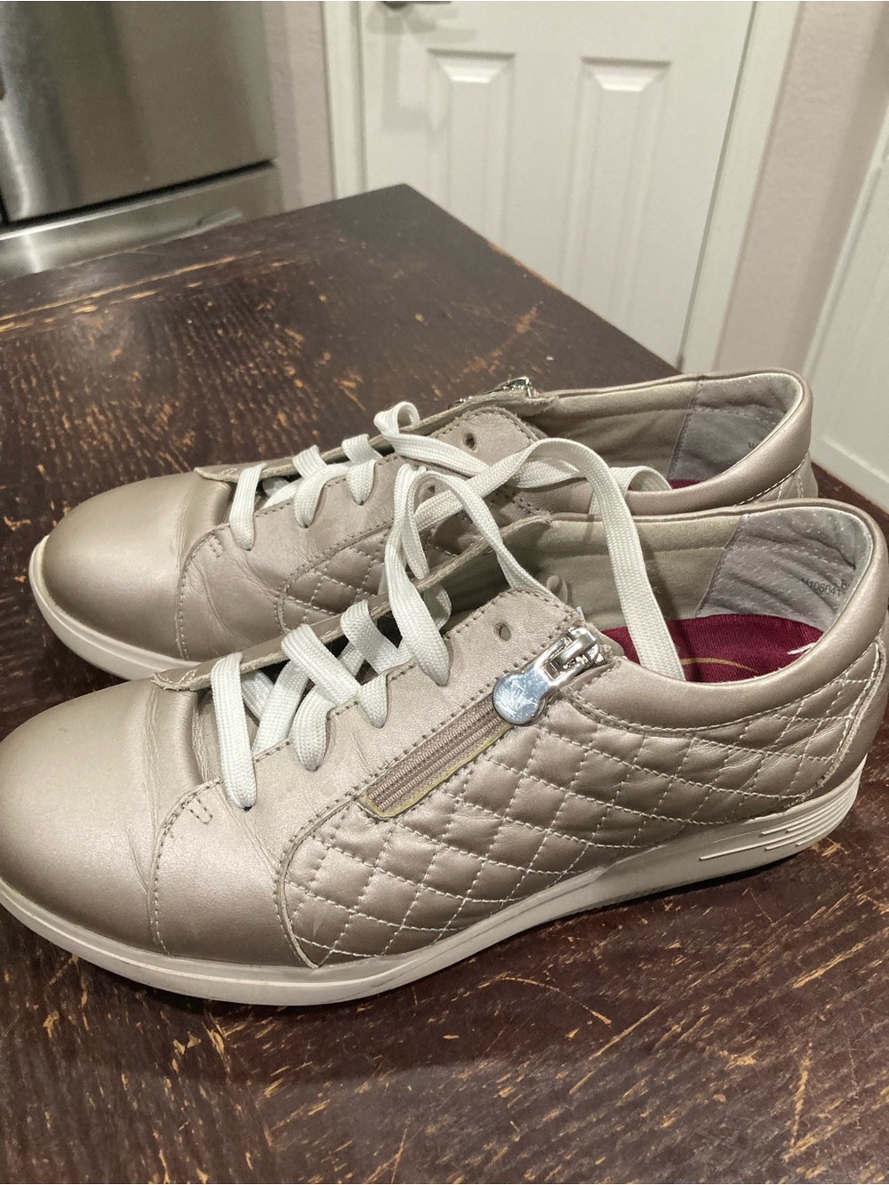 Munro Quilted Metallic Taupe Lace-Up Sneakers with Side Zip